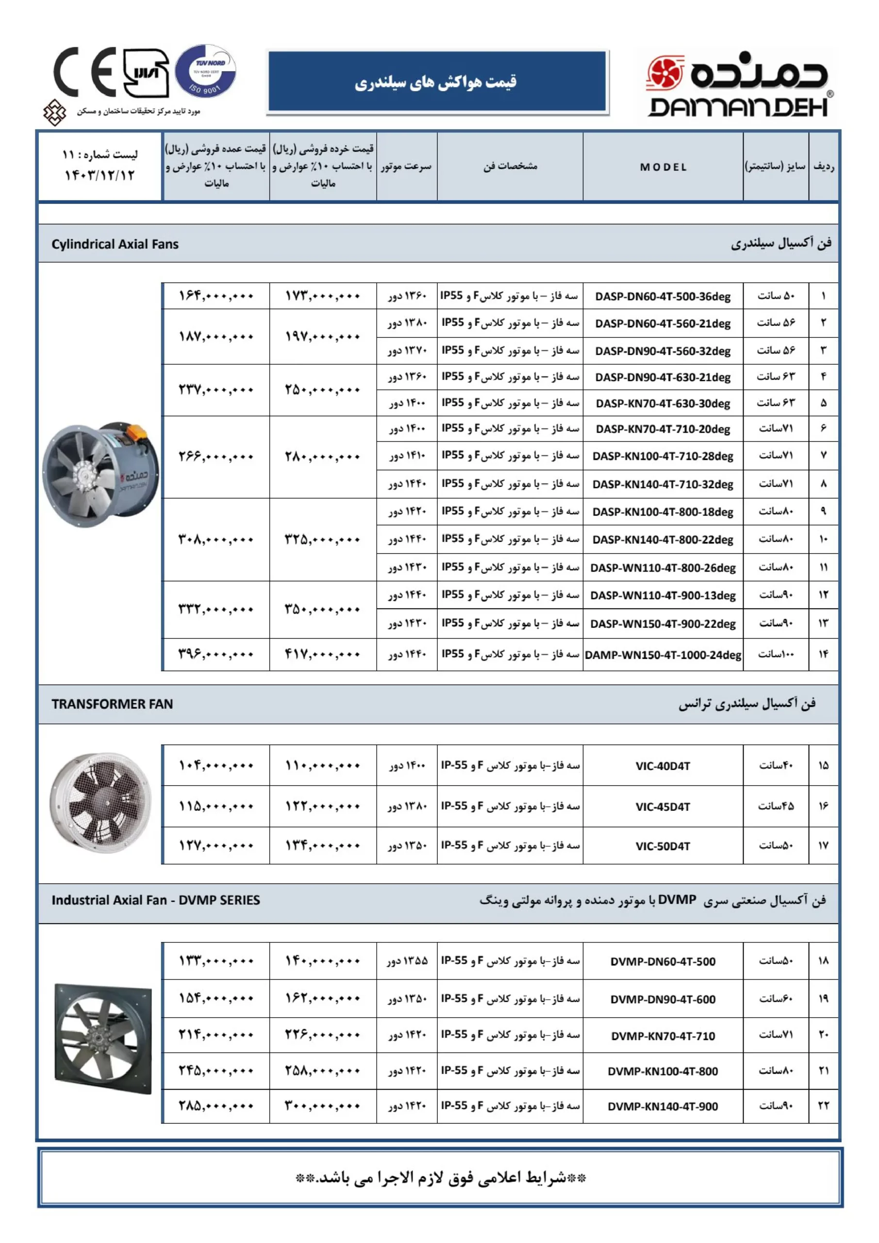 لیست قیمت هواکش دمنده